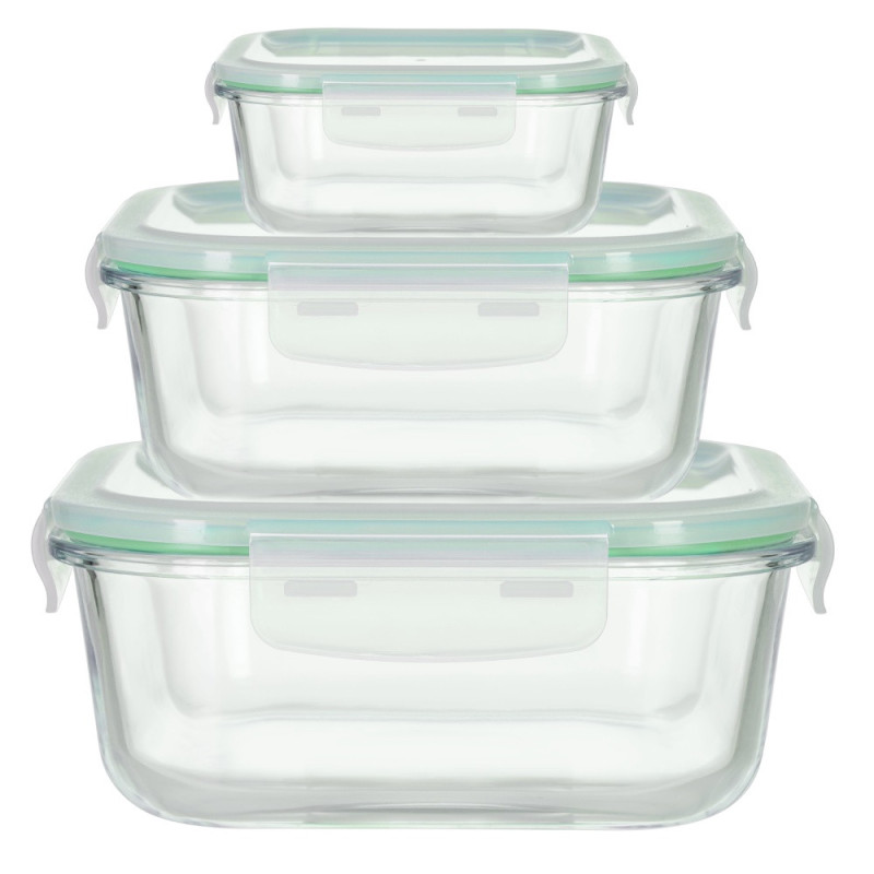 Pojemniki szklane kwadratowe lunchbox GierekHoff Corio GH 1102 zestaw 3 sztuki żaroodporne hermetyczne 1200/800/320 ml