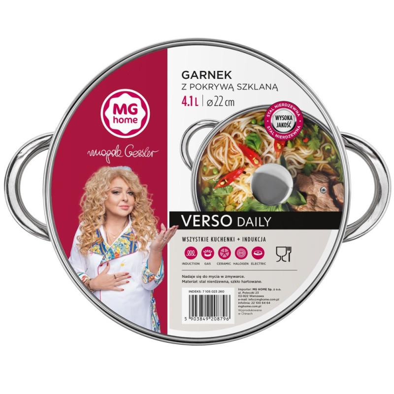 Garnek stalowy MG Home Verso Daily 22 cm 4,1 litra z pokrywką na indukcję