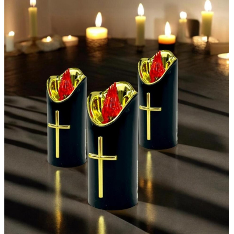 Wkład do znicza 12.5 cm świeczka czarna LED z krzyżem czerwone światło Cortina Rico baterie AA