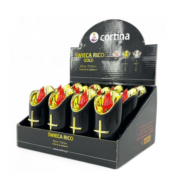 Wkład do znicza 12.5 cm świeczka czarna LED z krzyżem czerwone światło Cortina Rico baterie AA