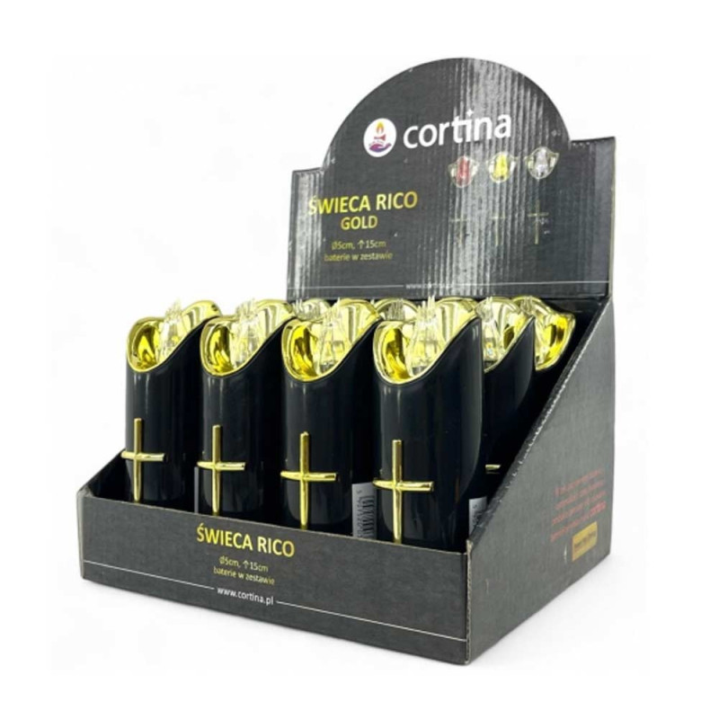 Wkład do znicza 17 cm świeczka czarna LED z krzyżem białe światło Cortina Rico baterie AA