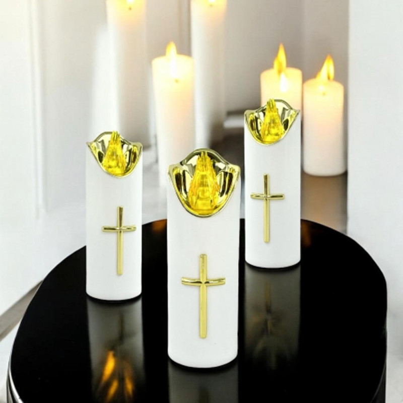 Wkład do znicza 15 cm świeczka biała LED z krzyżem żółte światło Cortina Rico baterie AA
