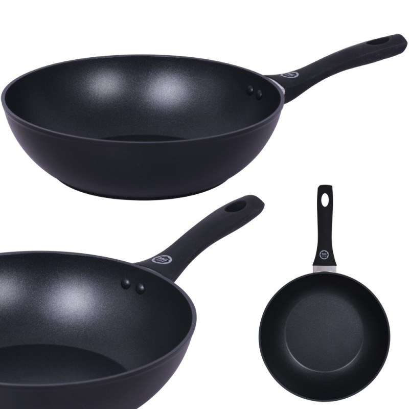 Wok z pokrywką 28 cm patelnia głęboka czarna nieprzywieralna powłoka MG Home