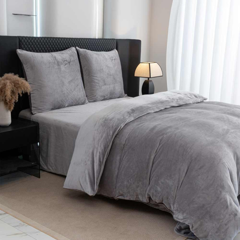 Pościel haftowana 200x220 mikrofibra "miś" Cotton World gruba 3 części 2879 szara