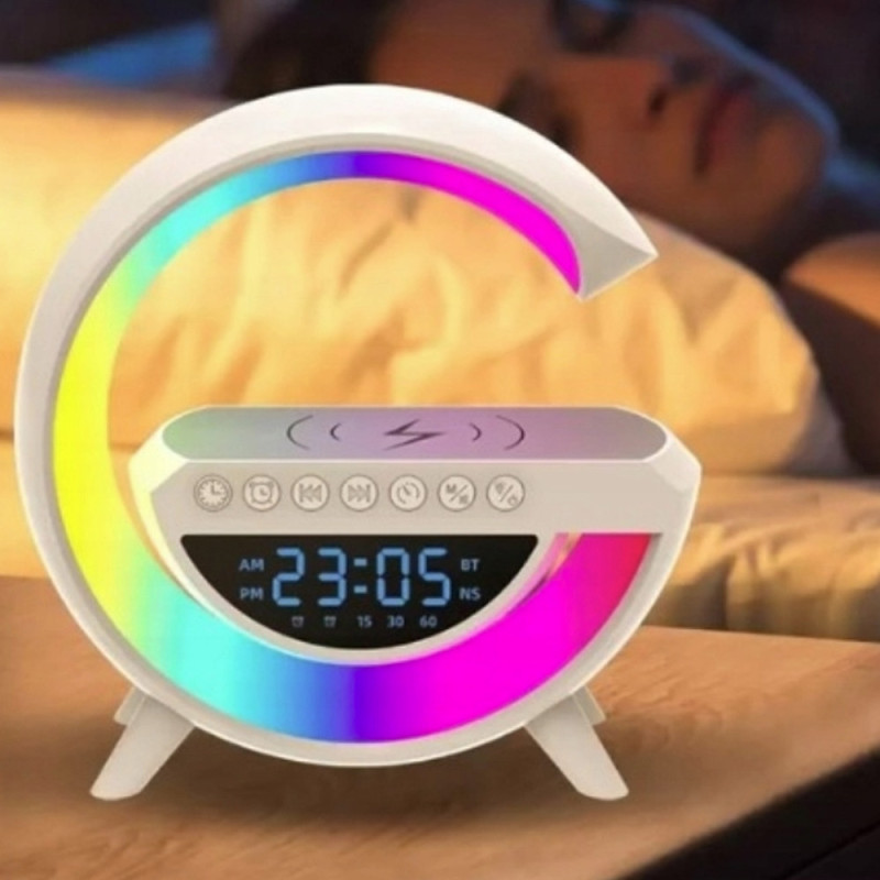 Lampka LED zegar z radiem Blutooth budzikiem i ładowarką QI 2520