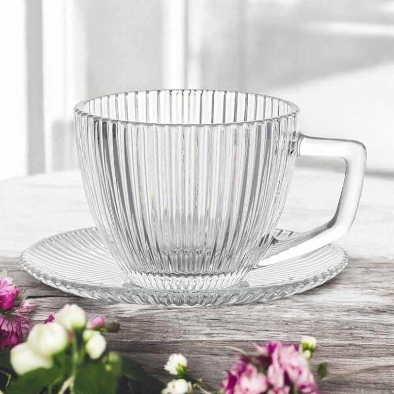 Serwis kawowy szklany na 6 osób filiżanka 250 ml spodek 13.5 cm Rimini Florina szkło ryflowane