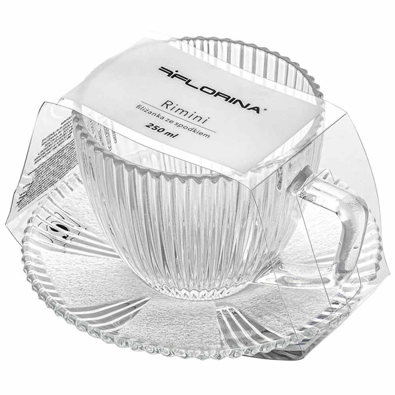 Serwis kawowy szklany na 6 osób filiżanka 250 ml spodek 13.5 cm Rimini Florina szkło ryflowane