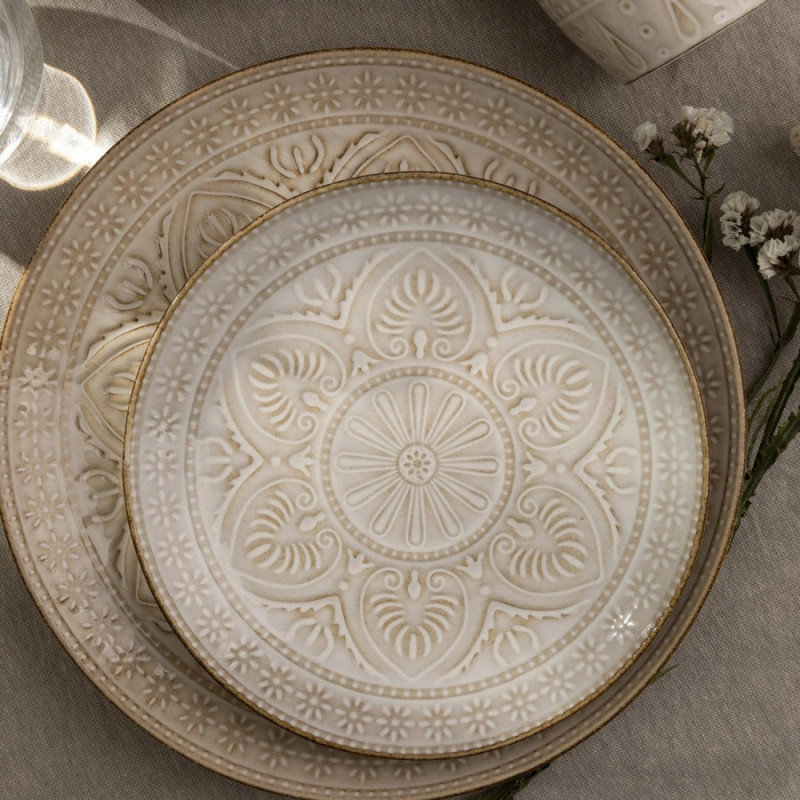 Serwis obiadowy porcelanowy Florina Aristo 24 elementy zestaw talerzy i kubków dla 6 osób zdobione beżowe