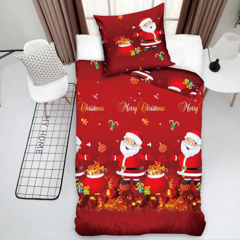 Pościel świąteczna 160x200 bawełna satynowa dwustronna Fashion Home gruba 3 części A031 czerwona Mikołaj z prezentam