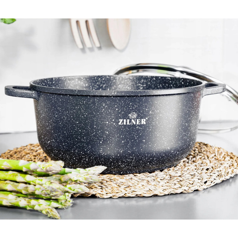 Garnki marmurowe czarne zestaw 17 elementowy patelnie przybory Zilner ZL 8536 indukcja gaz
