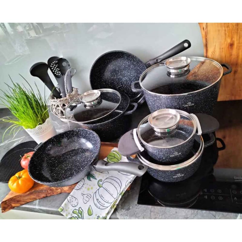Garnki marmurowe czarne zestaw 17 elementowy patelnie przybory Zilner ZL 8536 indukcja gaz