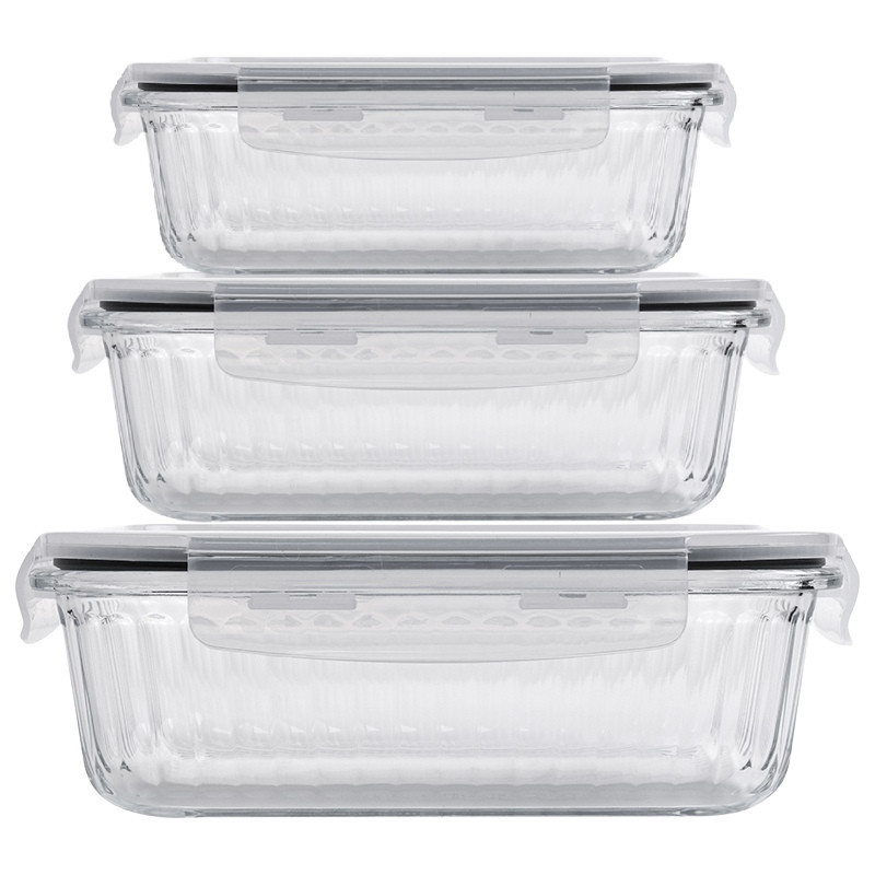 Pojemniki szklane ryflowane Florina Mariet lunchbox 1050/640/370 ml żaroodporne hermetyczne