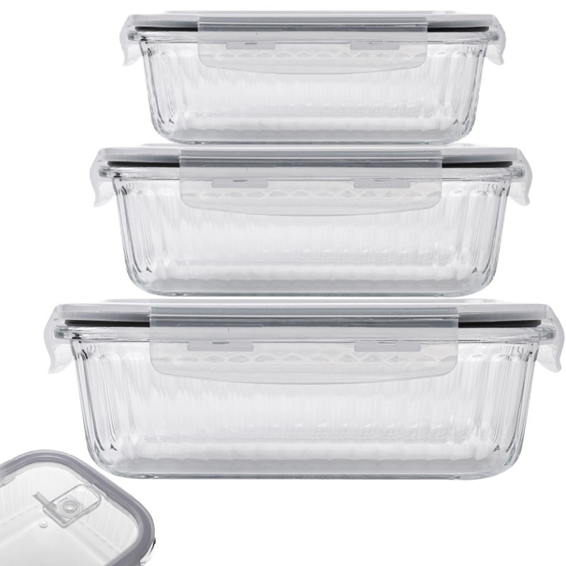 Pojemniki szklane ryflowane Florina Mariet lunchbox 1050/640/370 ml żaroodporne hermetyczne