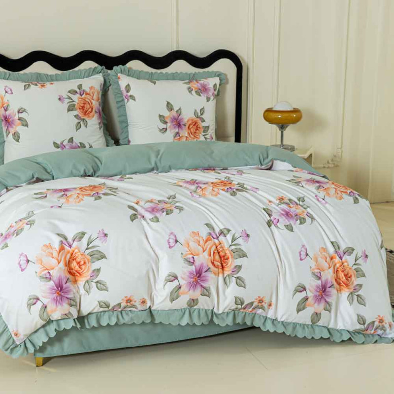 Pościel z falbanką 160x200 mikrofibra Cotton World 3 części zielona w kwiaty 2910