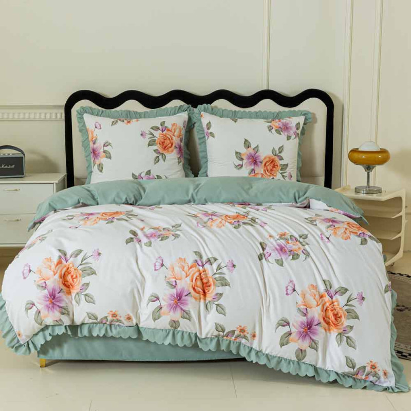 Pościel z falbanką 160x200 mikrofibra Cotton World 3 części zielona w kwiaty 2910