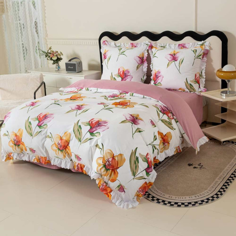 Pościel z falbanką 160x200 mikrofibra Cotton World 3 części różowa w kwiaty 2903