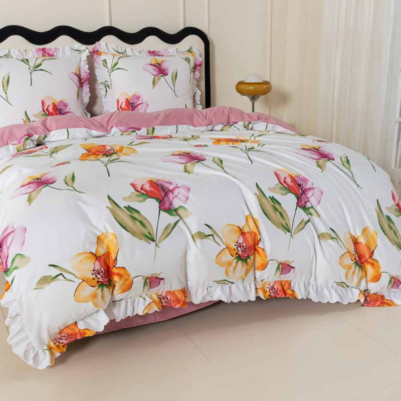Pościel z falbanką 160x200 mikrofibra Cotton World 3 części różowa w kwiaty 2903