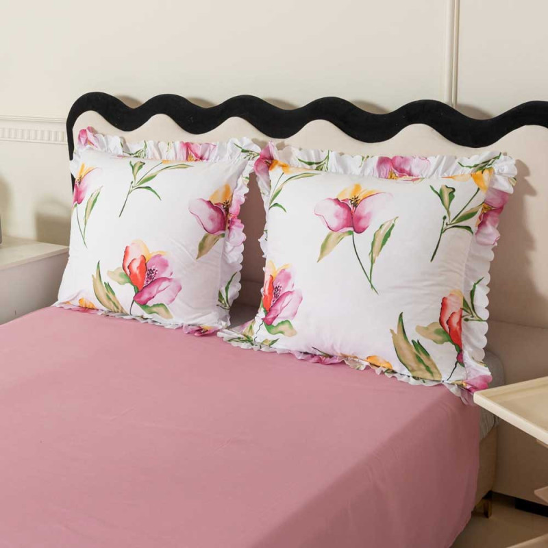 Pościel z falbanką 160x200 mikrofibra Cotton World 3 części różowa w kwiaty 2903