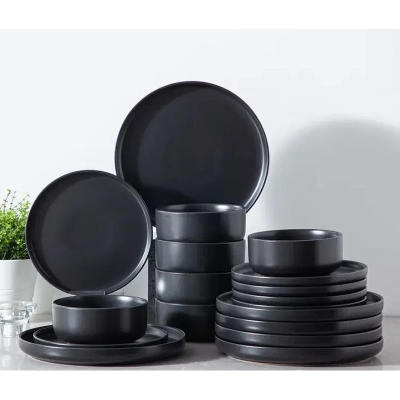 Serwis obiadowy porcelanowy MG Home Artena 18 elementów zestaw talerzy dla 6 osób czarny
