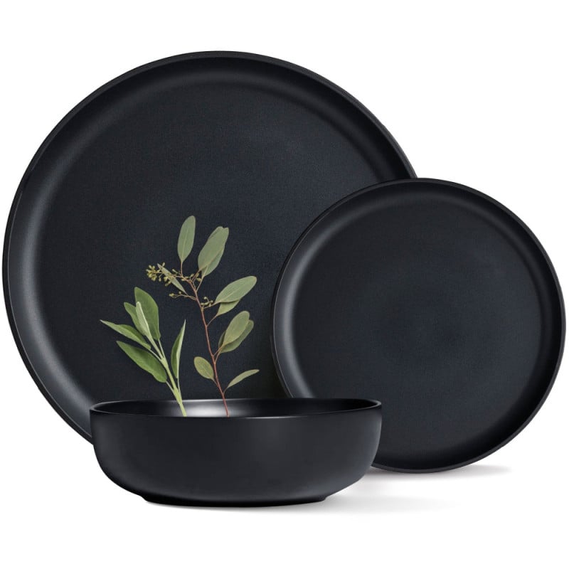 Serwis obiadowy porcelanowy MG Home Artena 22 elementy zestaw talerzy misek dla 6 osób czarny