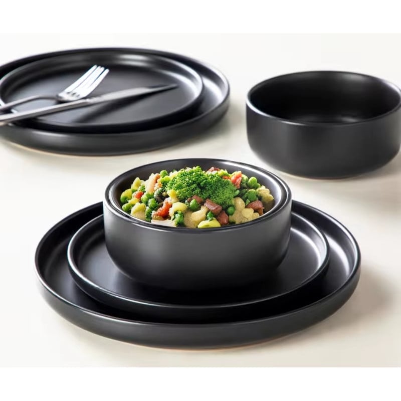 Serwis obiadowy porcelanowy MG Home Artena 22 elementy zestaw talerzy misek dla 6 osób czarny