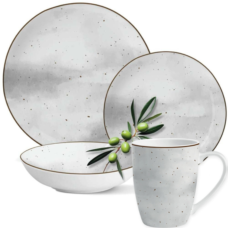 Serwis obiadowy porcelanowy Antic 24 elementy zestaw talerzy kubków dla 6 osób szary nakrapiany