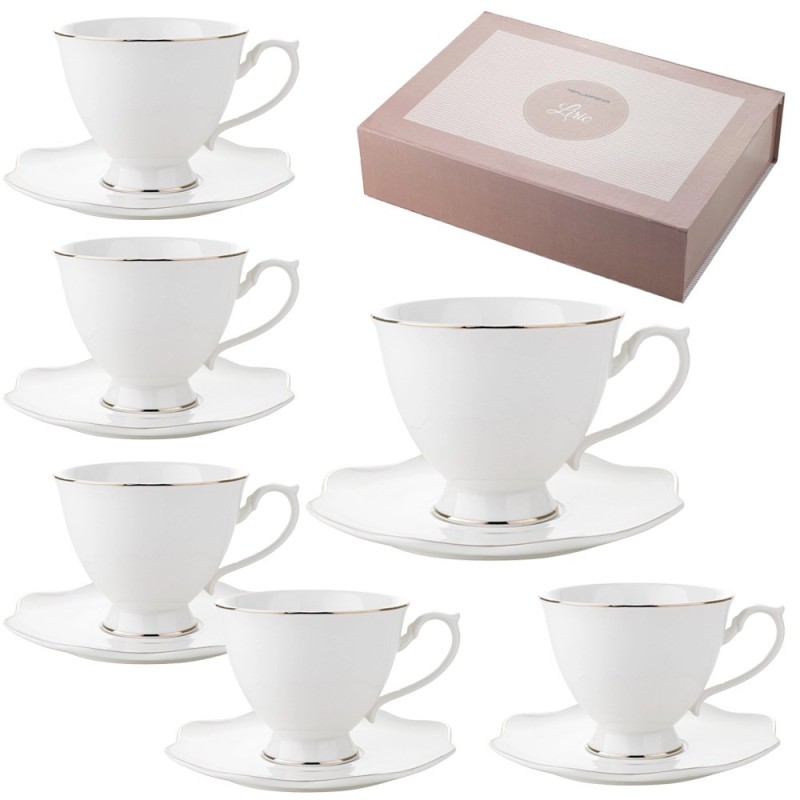 Serwis kawowy dla 6 osób Liric porcelana zestaw filiżanek ze spodkami 6+6 biały Florina