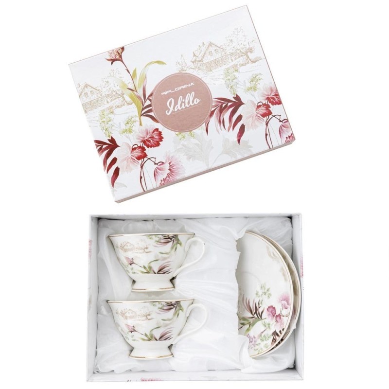 Serwis kawowy dla 2 osób Idilla porcelana zestaw filiżanek ze spodkami 2+2 biały Florina