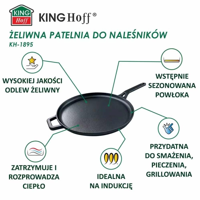 Patelnia żeliwna do naleśników 29 cm duża patelnia płaska Kinghoff KH 1895