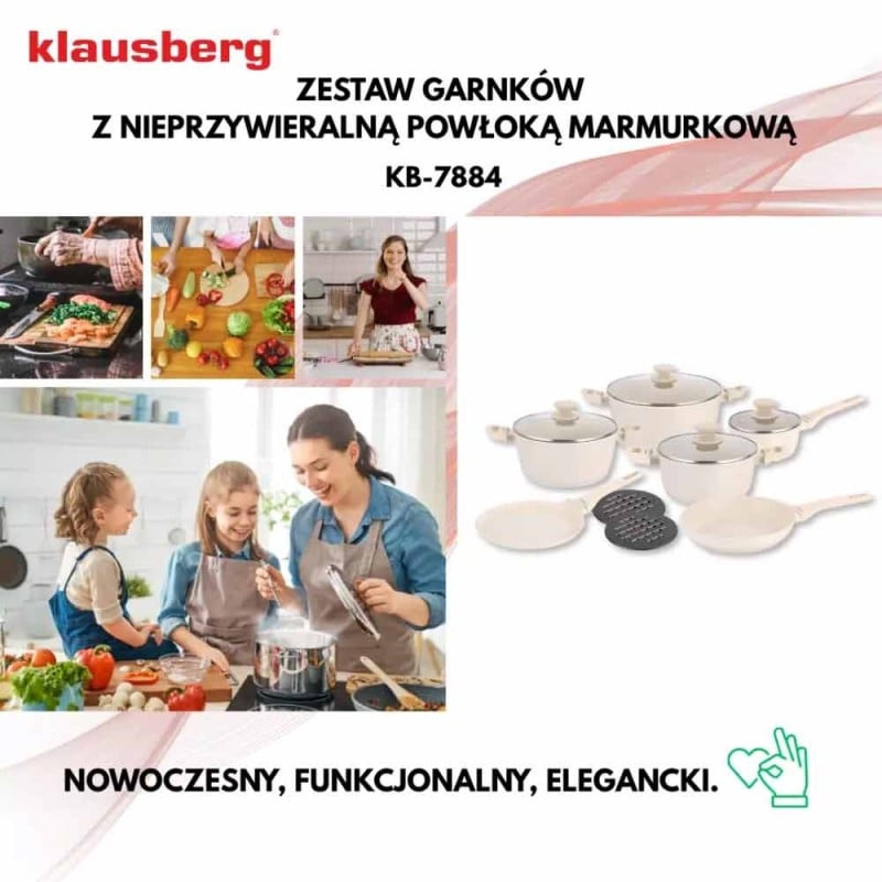 Garnki beżowe zestaw 12 elementowy komplet garnków z patelniami i rondlem Klausberg KB-7884