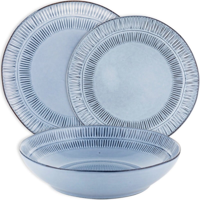 Serwis obiadowy porcelanowy Florina Almond Blue 24 elementy zestaw talerzy z kubkami dla 6 osób niebieskie