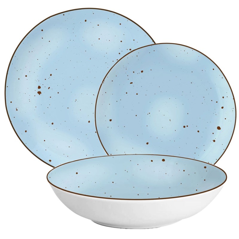 Serwis obiadowy porcelanowy MG Home Gemma Blue 18 elementów zestaw talerzy dla 6 osób niebieskie nakrapiane
