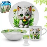 Zestaw obiadowy dla dzieci Bella Fiore 4 elementy Kotek kubek talerzyk miseczka kieliszek na jajko Tragar BL-1002