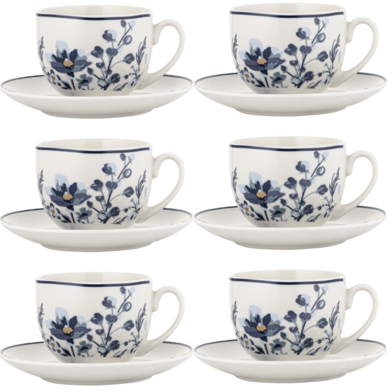 Komplet 6 filiżanek ze spodkami porcelanowych Florina Fiordi 240 ml do kawy herbaty zestaw białe ze wzorem kwiatowym