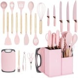 Zestaw noży kuchennych w bloku z przyborami i deską komplet 19 el różowy Elitehoff E 6072