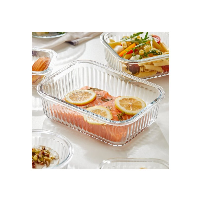 Pojemniki szklane ryflowane Florina Mariet lunchbox 1500/1050/640/370 ml żaroodporne hermetyczne zestaw 4 sztuki
