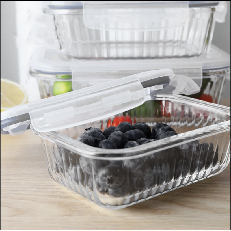 Pojemniki szklane ryflowane Florina Mariet lunchbox 1500/1050/640/370 ml żaroodporne hermetyczne zestaw 4 sztuki