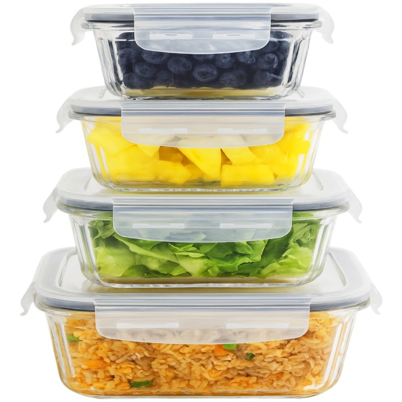 Pojemniki szklane ryflowane Florina Mariet lunchbox 1500/1050/640/370 ml żaroodporne hermetyczne zestaw 4 sztuki