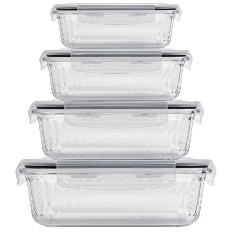 Pojemniki szklane ryflowane Florina Mariet lunchbox 1500/1050/640/370 ml żaroodporne hermetyczne zestaw 4 sztuki