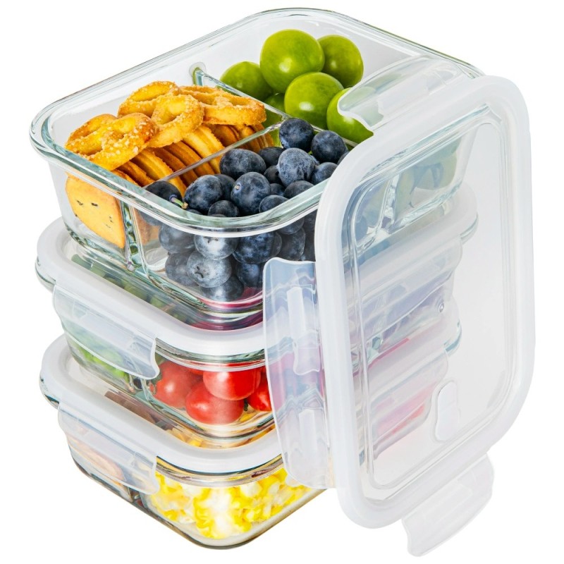 Zestaw 3 pojemników szklanych 1000 ml z przegrodami lunchbox GierekHoff Split 1111 żaroodporne hermetyczne trzykomorowe