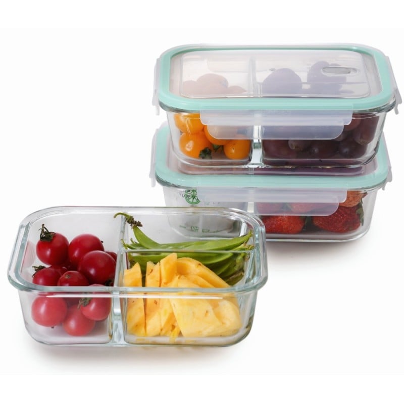 Zestaw 3 pojemników szklanych 1000 ml z przegrodami lunchbox GierekHoff Split 1111 żaroodporne hermetyczne trzykomorowe