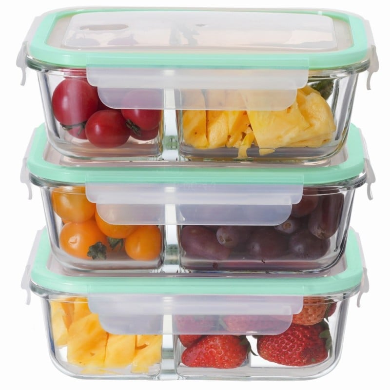 Zestaw 3 pojemników szklanych 1000 ml z przegrodami lunchbox GierekHoff Split 1111 żaroodporne hermetyczne trzykomorowe