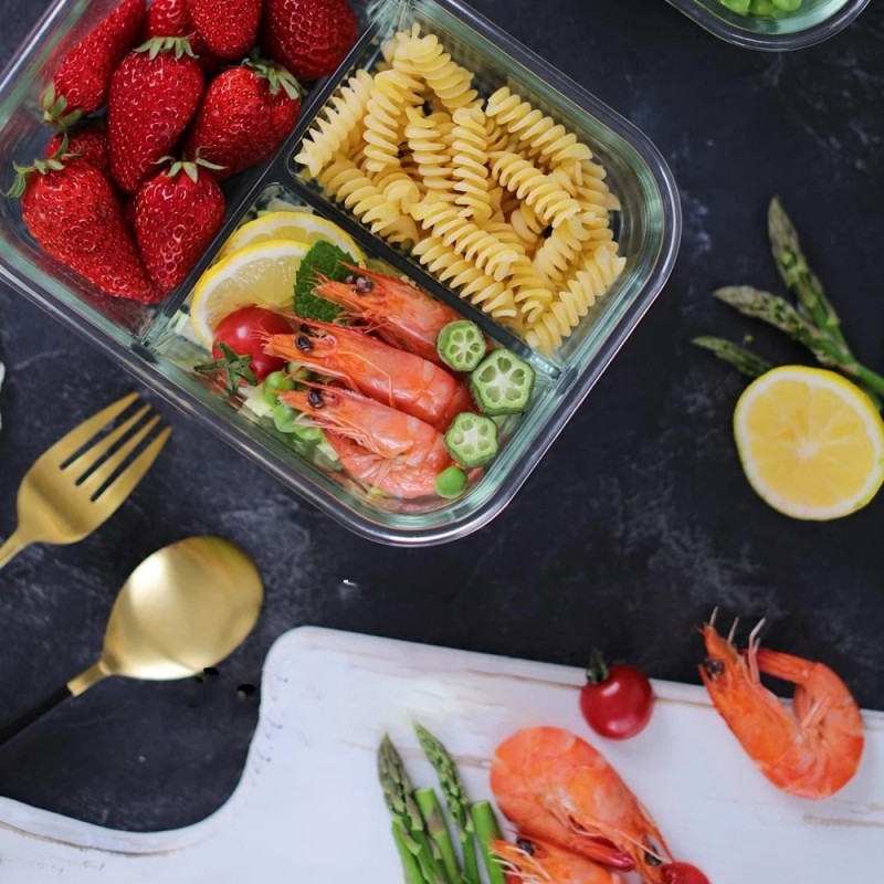 Zestaw 3 pojemników szklanych 1000 ml z przegrodami lunchbox GierekHoff Split 1111 żaroodporne hermetyczne trzykomorowe