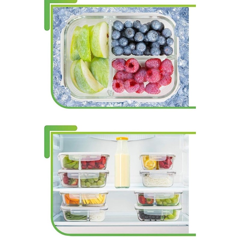 Zestaw 3 pojemników szklanych 1000 ml z przegrodami lunchbox GierekHoff Split 1111 żaroodporne hermetyczne trzykomorowe