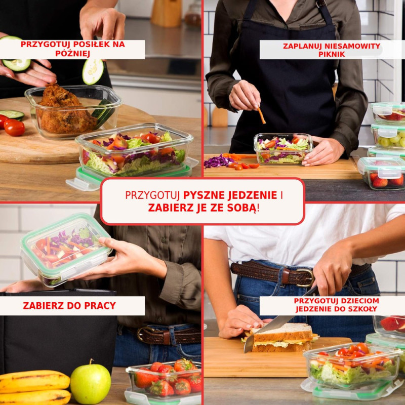 Pojemniki szklane 1040 ml prostokątne lunchbox GierekHoff Corio zestaw 3 sztuki żaroodporne hermetyczne GH 1109