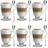 Szklanki z uchem 320 ml na stopce Altom Siena Promienie kubki do herbaty kawy latte macchiato komplet 6 sztuk z łyżeczkami