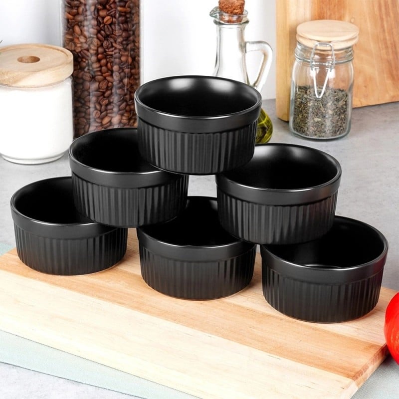 Kokilki do zapiekania 260 ml ramekin zestaw 6 sztuk salaterki miseczki pojemniki porcelanowe Brulee czarne