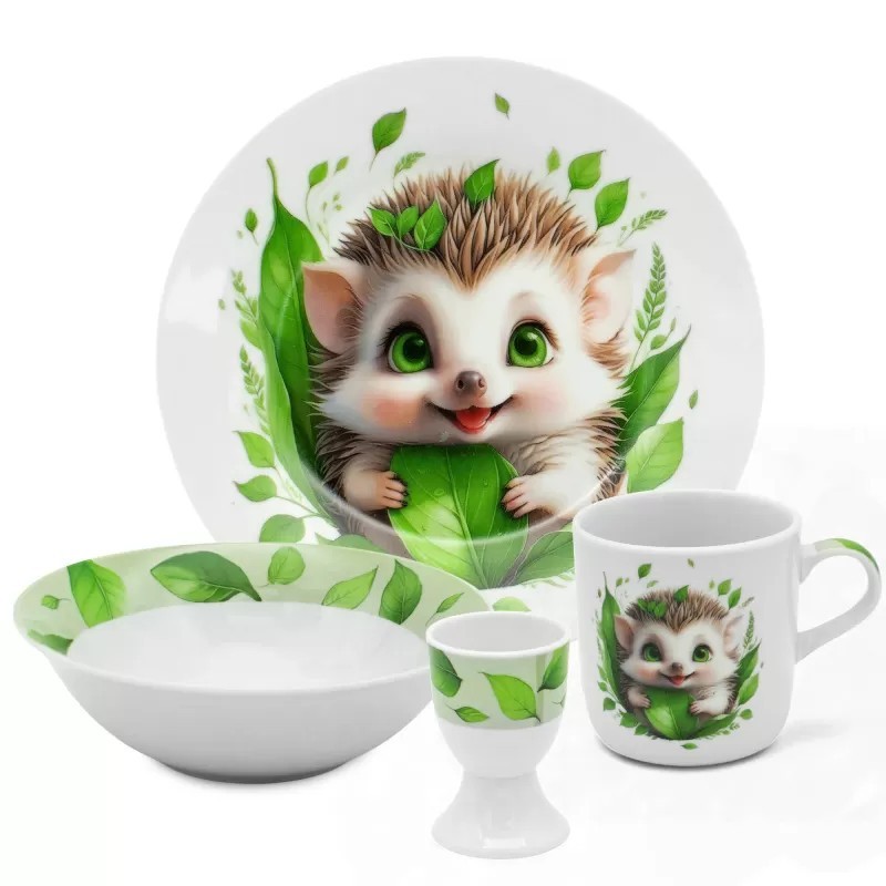Zestaw obiadowy porcelana dla dzieci Bella Fiore 4 elementy Jeżyk kubek talerzyk miseczka kieliszek na jajko