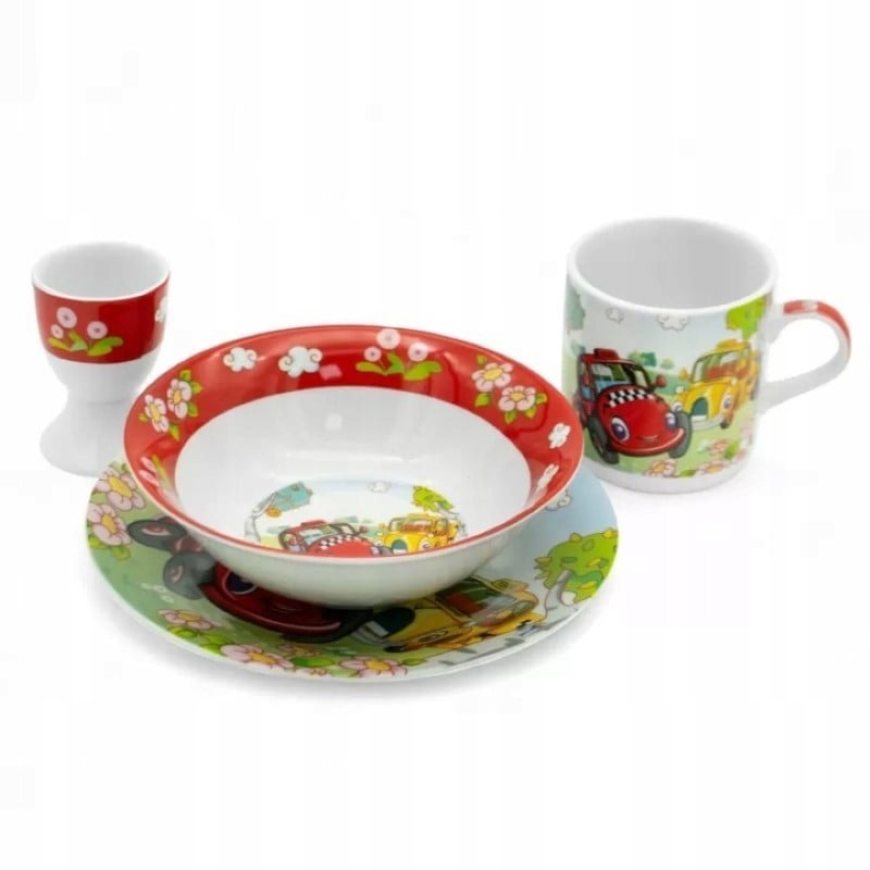 Zestaw obiadowy porcelana dla dzieci Bella Fiore 4 elementy Auta kubek talerzyk miseczka kieliszek na jajko