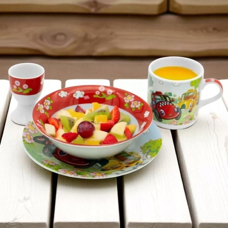 Zestaw obiadowy porcelana dla dzieci Bella Fiore 4 elementy Auta kubek talerzyk miseczka kieliszek na jajko